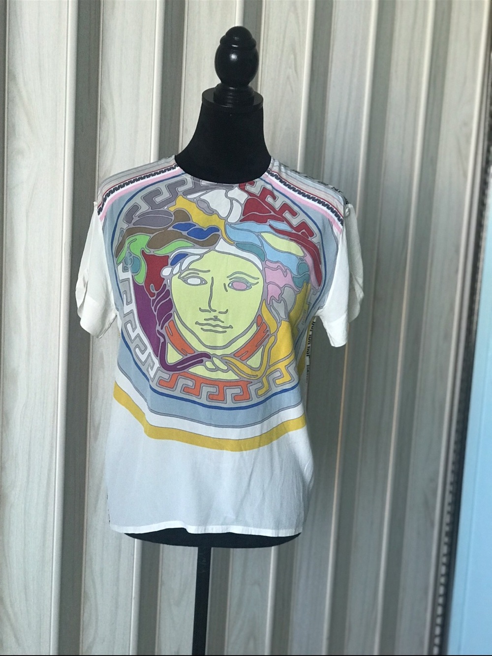 Versace , Silk White Multicolor Medusa Graphic Tee